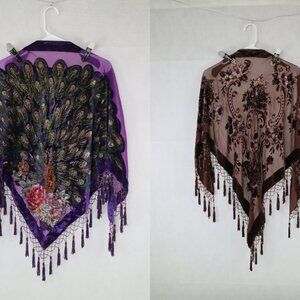 Stunning Beaded Silk Velvet Blended Peacock Tassel Shawls Purple & Brown Bundle